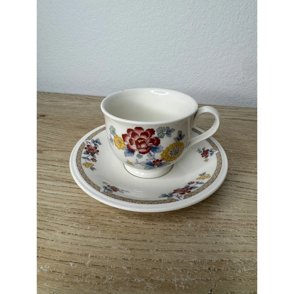 Noritake Versatone Kashmir 9303 Tea Cup and Saucer Set Vintage Floral Stoneware‎
